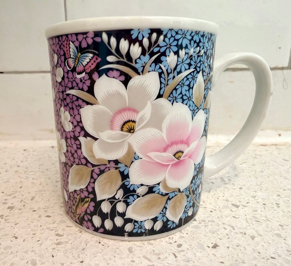 Vintage Japan Black Floral Mug Pink Magnolia Butterflies Cottagecore Coffee